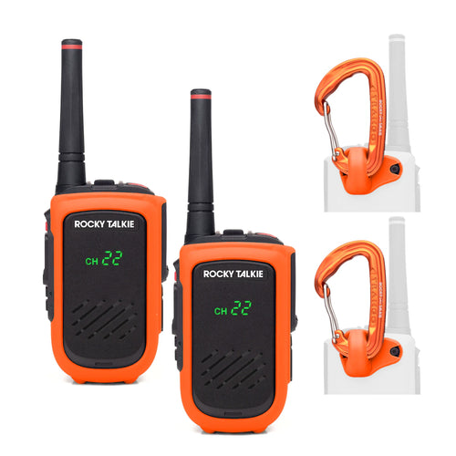 Hi-vis orange Rocky Talkie radios with carabiner attachments