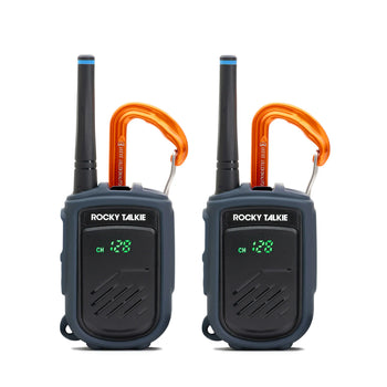 Two Rocky Talkie walkie talkies with orange carabiners on a white background