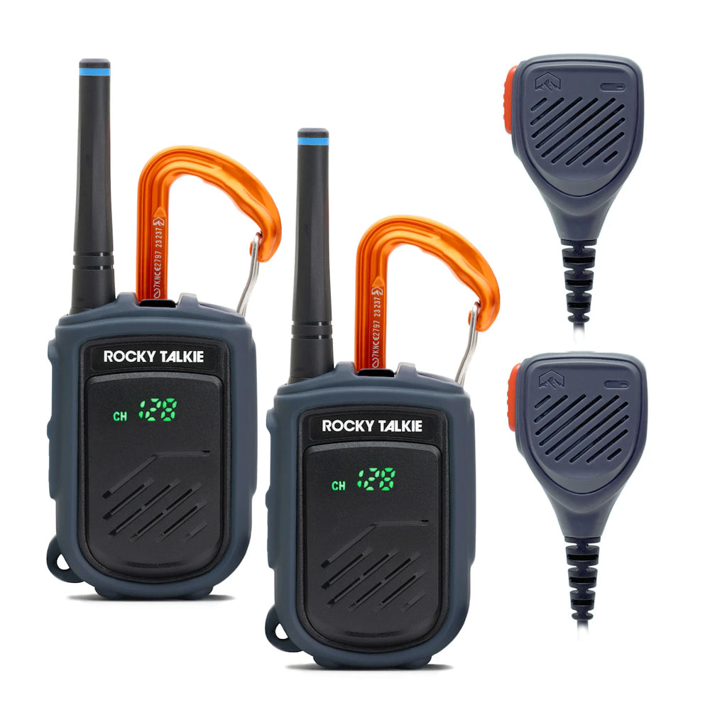 Two Rocky Talkie walkie talkies with hand mics on a white background