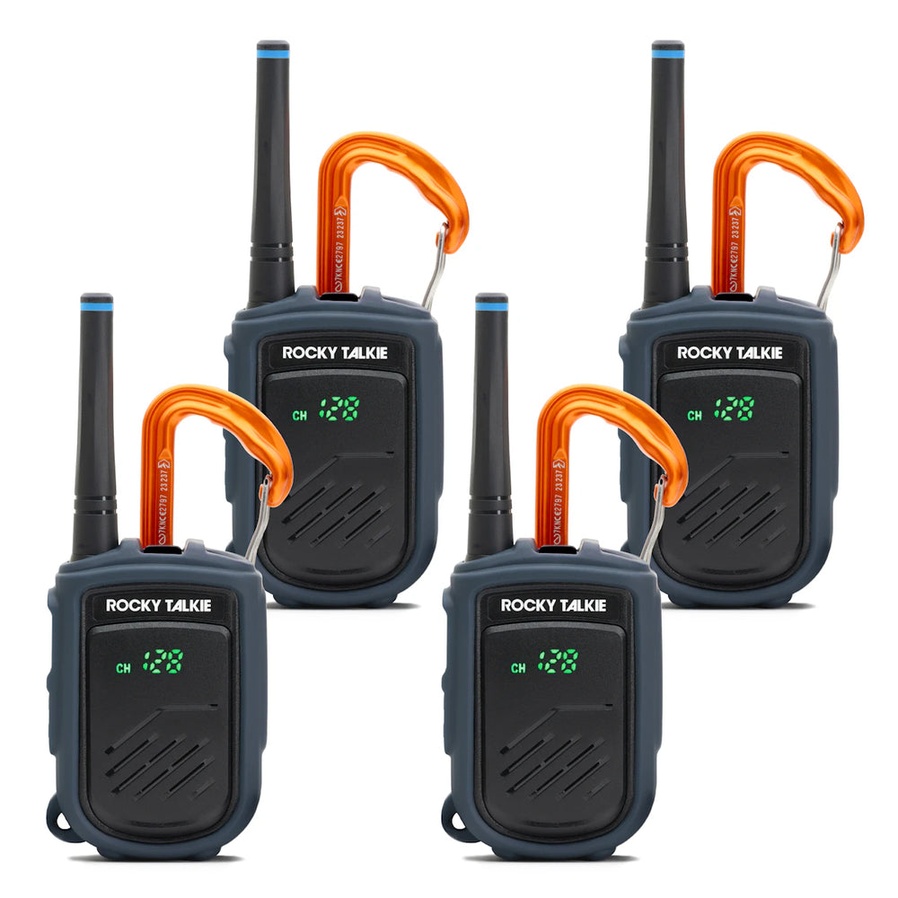 Four Rocky Talkie walkie-talkies with orange carabiners on a white background