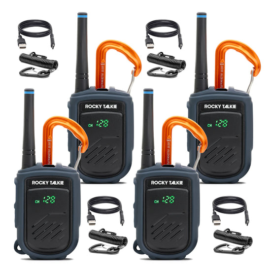 Four Rocky Talkie walkie talkies with orange carabiners on a white background
