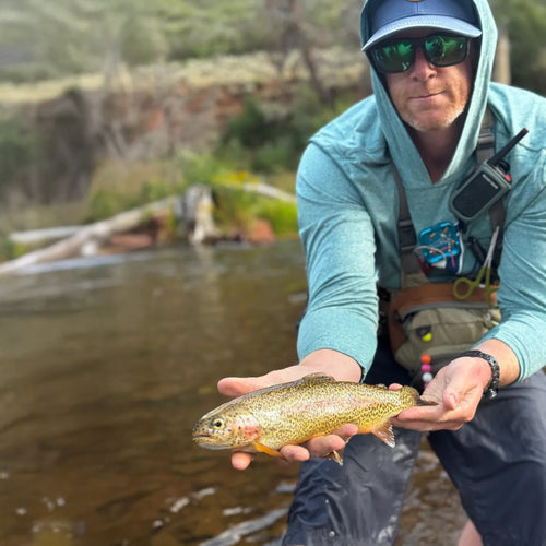 Person holding a fish by a stream