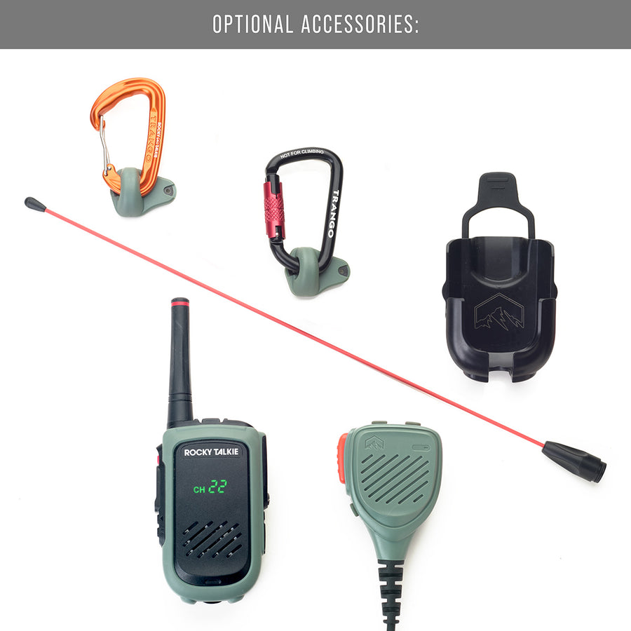 Expedition Radio with its optional carabiner mounts, dash mount, and hand mic