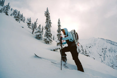 Person skiing in a snowy landscape with trees and a backpack.
