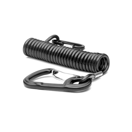 coiled black retention leash with carabiners on ends
