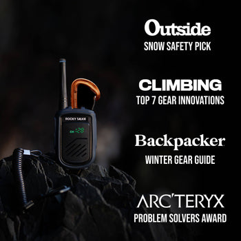 Rocky Talkie walkie-talkie with text about climbing gear innovations and Arc'teryx awards on a dark background