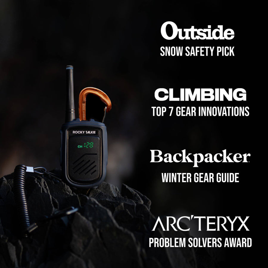 Rocky Talkie walkie-talkie with text about climbing gear innovations and Arc'teryx awards on a dark background