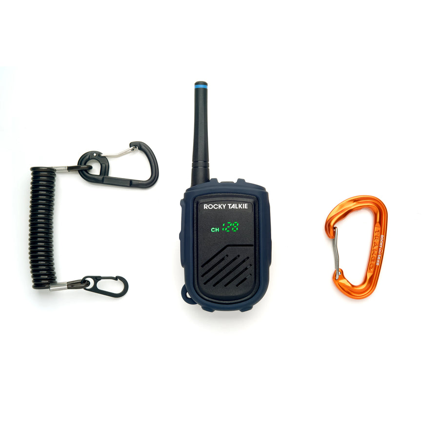 Rocky Talkie walkie talkie with carabiner and leash on a white background