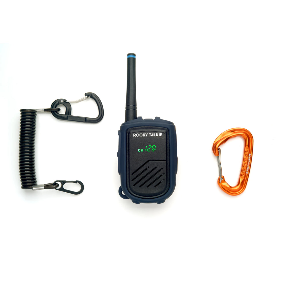 Rocky Talkie EU Mountain Radio with orange carabiner attachment and attachable leash
