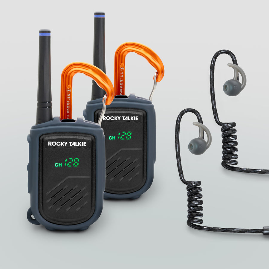 Rocky Talkie EU Mountain Radio with orange carabiner attachment and Acoustic Headset