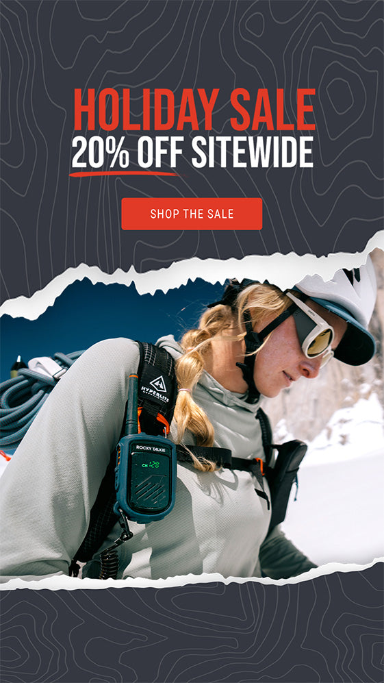 Holiday Sale 20% off sitewide messaging above ski mountaineer with radio