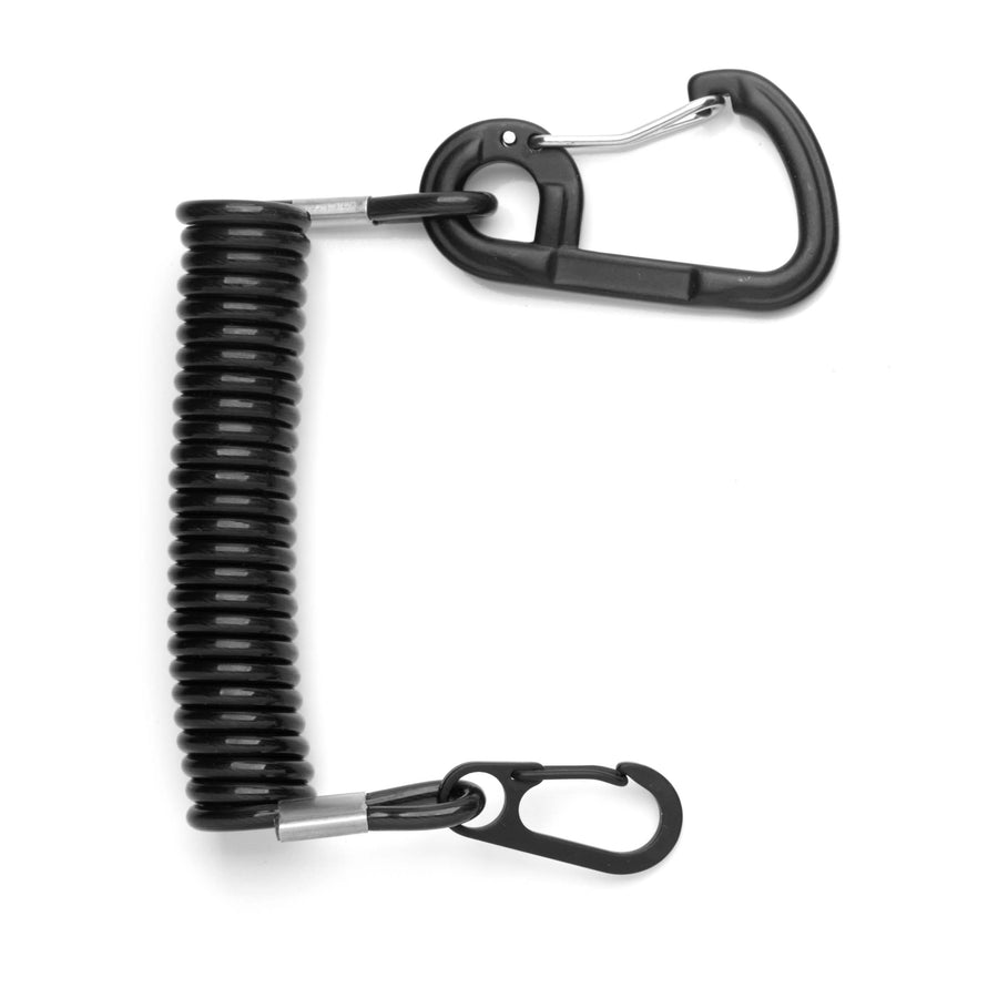 Black coiled lanyard with carabiner on a white background