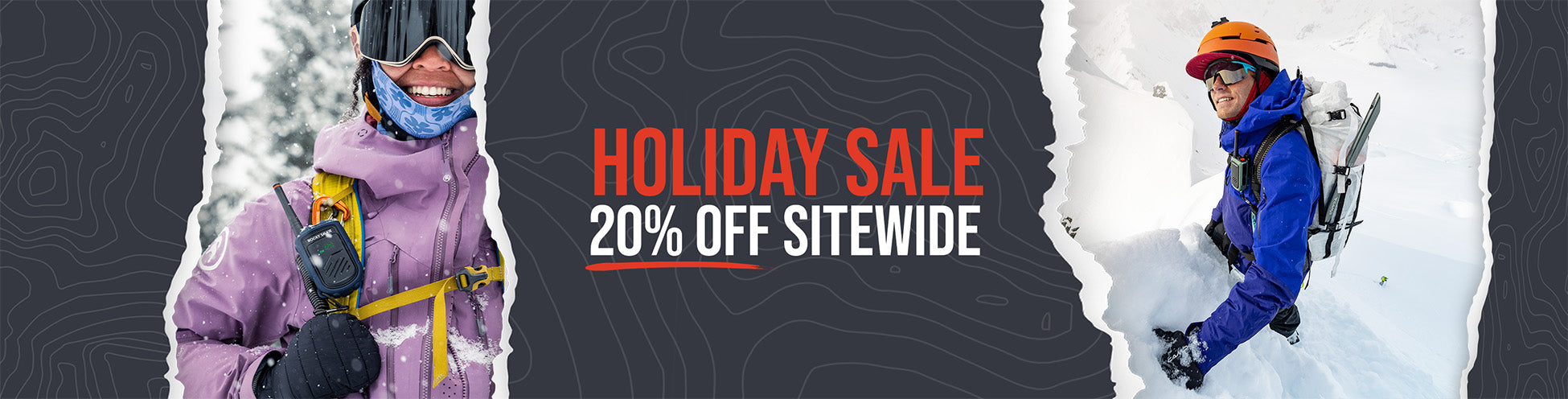 Holiday Sale 20% off sitewide messaging with skier on left with radio and mountaineer on right with radio
