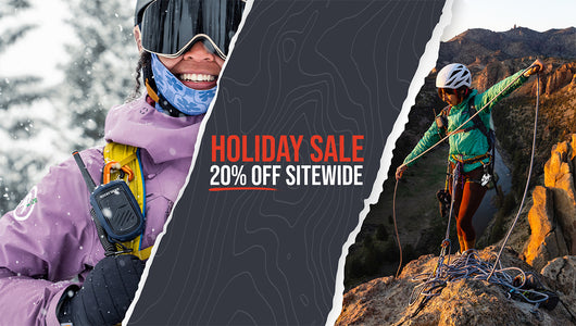 Holiday Sale 20% off sitewide messaging with skier on left with radio and climber on right with radio