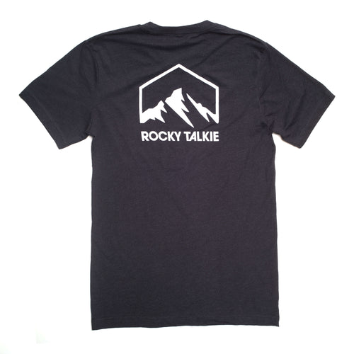 Black t-shirt with 'Rocky Talkie' logo on the back against a white background
